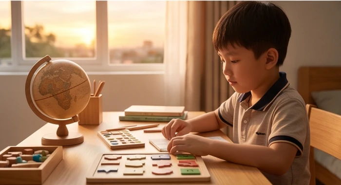 Học sinh tuổi Đinh Dậu say sưa nghiên cứu mô hình khoa học trên bàn học gỗ trong khung giờ hoàng hôn yên tĩnh