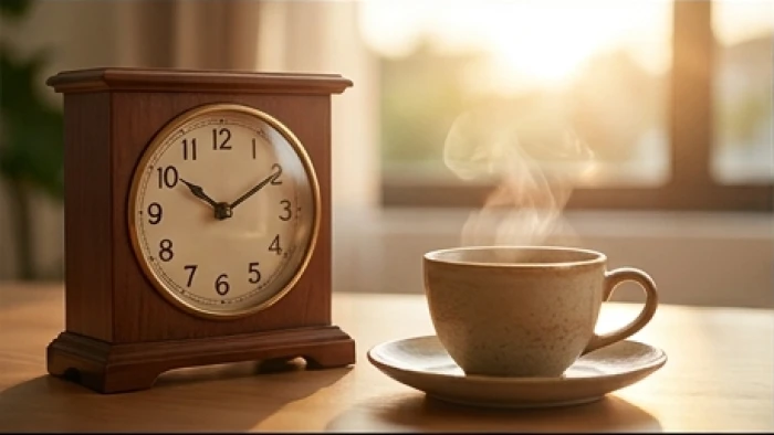 Chiếc đồng hồ để bàn cổ điển bên cạnh tách trà ấm dưới ánh nắng bình minh mai sớm tượng trưng cho giờ sinh tốt lành