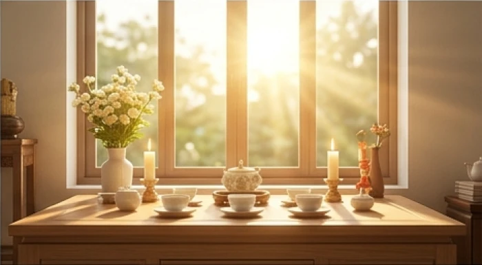 Không gian ban thờ thanh tịnh trong nắng sớm đầu xuân chuẩn bị cho nghi thức cúng giải hạn Thái Tuế