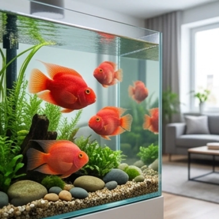 Đàn cá Huyết Anh Vũ màu đỏ rực bơi lội linh hoạt trong bể kính phòng khách tạo sinh khí cho tuổi Dậu
