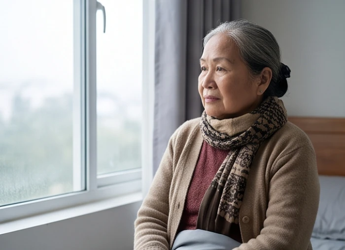 Người cao tuổi quàng khăn ấm giữ ấm vùng cổ khi thời tiết chuyển mùa lạnh ẩm