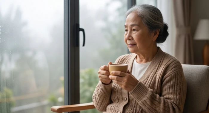 Người cao tuổi mặc áo ấm ngồi uống nước ấm bên cửa sổ trong tiết trời lạnh giá để bảo vệ đường hô hấp