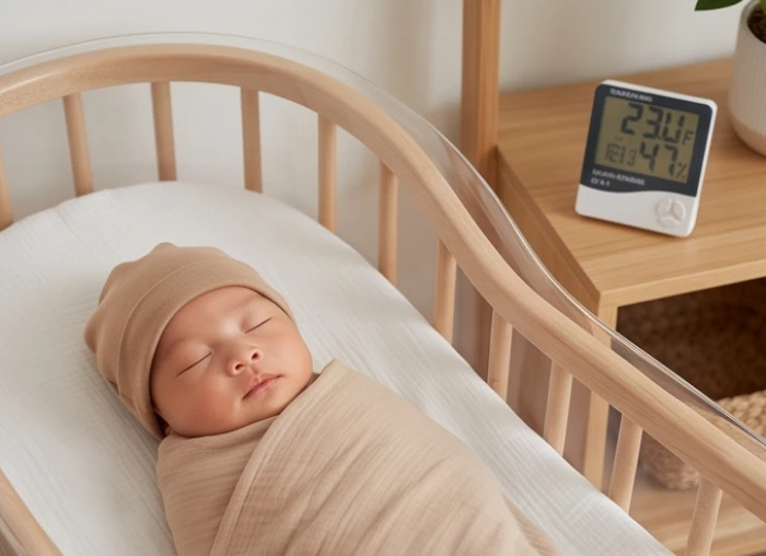 Bé sơ sinh đội mũ ấm và mặc quần áo cotton mềm trong phòng ngủ duy trì nhiệt độ ổn định