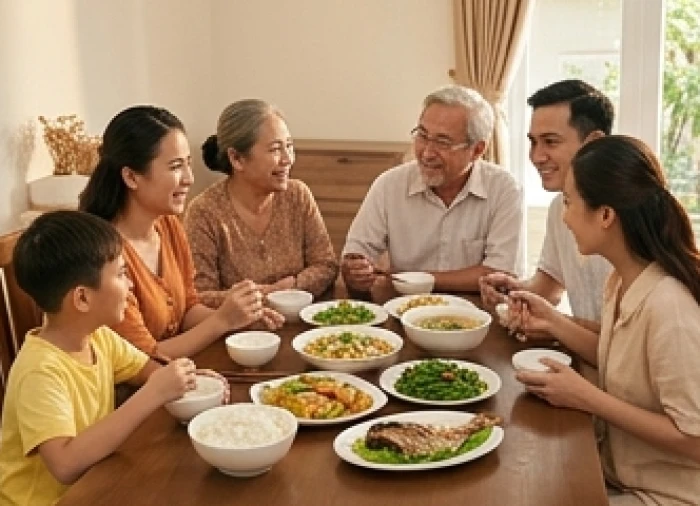 Gia đình đa thế hệ quây quần vui vẻ bên mâm cơm ấm cúng, thể hiện sự hòa thuận và gắn kết giữa ông bà và con cháu