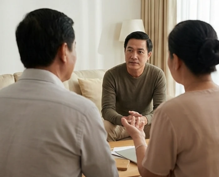 Người lớn tuổi lắng nghe con cái chia sẻ trong cuộc trò chuyện gia đình để giữ hòa khí