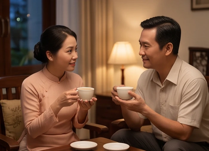 Cặp đôi cùng trò chuyện nhẹ nhàng bên bàn trà buổi tối trong không gian phòng khách ấm áp