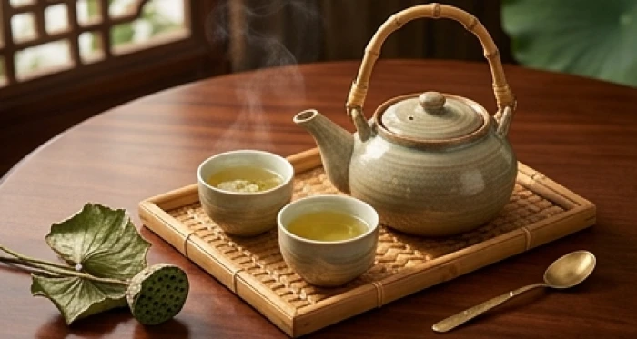 Khay trà sen nóng hổi được chuẩn bị tinh tươm giúp xoa dịu những căng thẳng trong cuộc sống gia đình