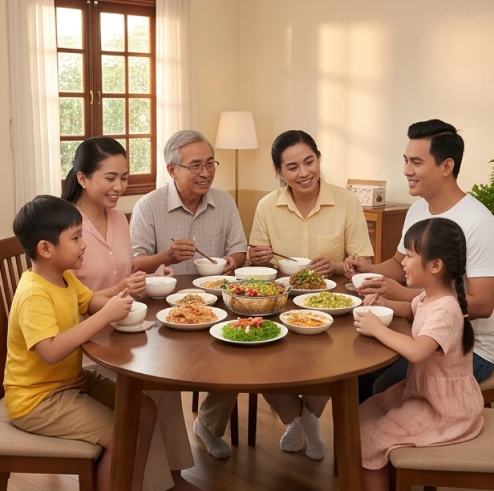 Bữa cơm gia đình ấm cúng và hòa thuận của người tuổi Tuất trong không gian phòng ăn tràn ngập ánh sáng tự nhiên