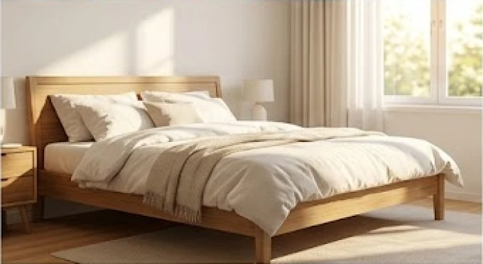 Giường ngủ hiện đại bằng gỗ với phần gầm cao ráo đón ánh sáng tự nhiên