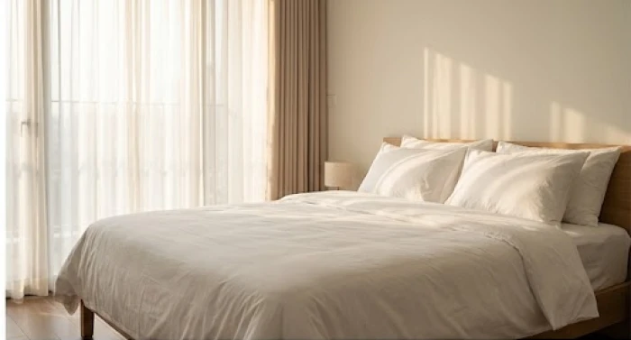 Căn phòng ngủ yên bình với chiếc giường nệm trắng tinh tươm đón nhận ánh nắng dịu dàng qua khung cửa sổ.