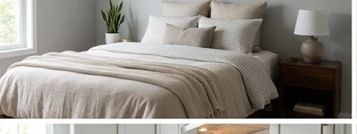 Chiếc giường ngủ êm ái đặt sát tường với khoảng cách an toàn so với cửa phòng
