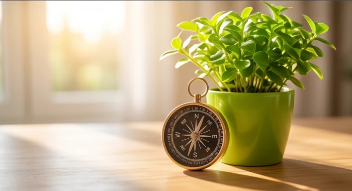 Một chiếc la bàn phong thủy bằng đồng đặt cạnh chậu cây xanh tươi mát ở góc bàn làm việc tràn ngập nắng