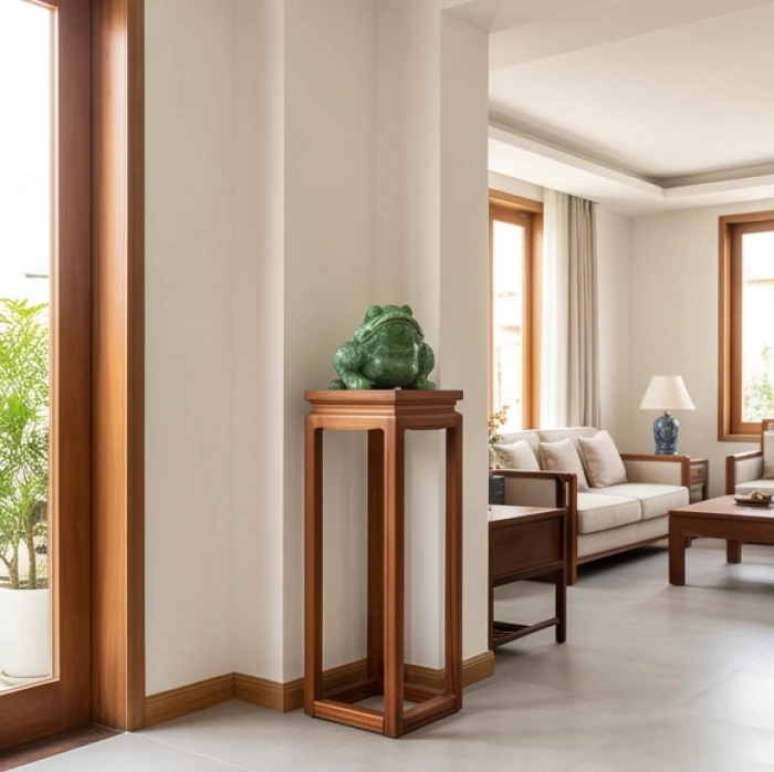 Tượng thiềm thừ đặt trên đôn gỗ vững chãi tại góc chéo 45 độ hướng mặt quay vào bên trong phòng