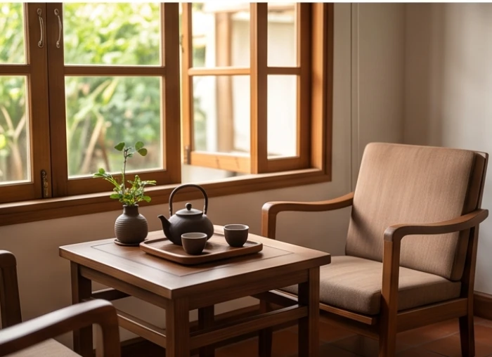 Bàn trà nhỏ và ghế tựa êm ái đặt tại góc tĩnh lặng ngập tràn ánh sáng