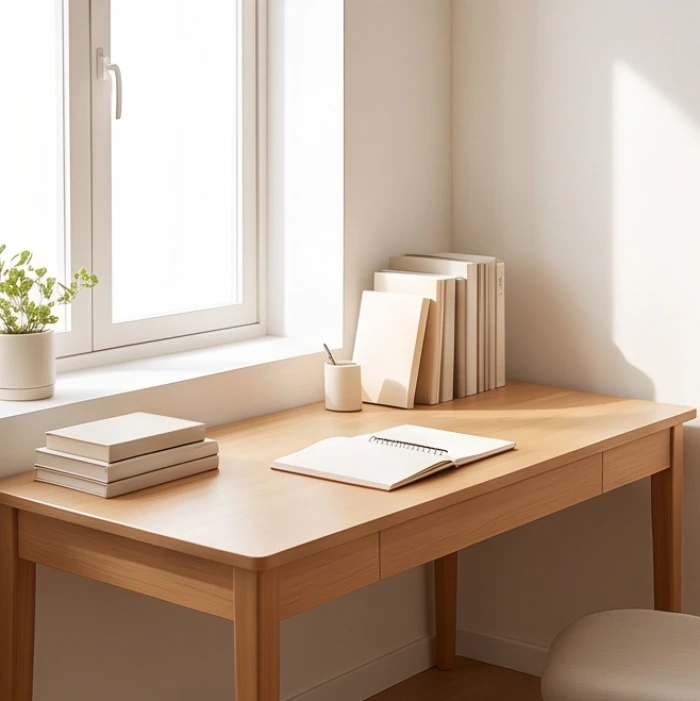 Bàn học được bố trí thông minh bên cạnh cửa sổ giúp ánh sáng chiếu thuận chiều từ trái sang