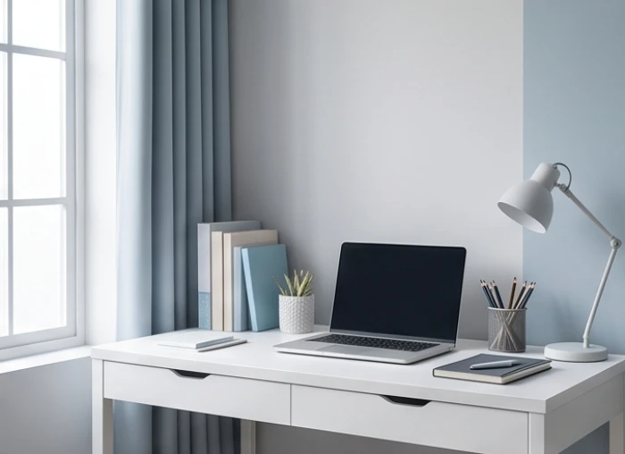 Góc học tập trang trí tông màu xám trắng và điểm xuyết xanh dương dịu mắt hợp mệnh Trường Lưu Thủy