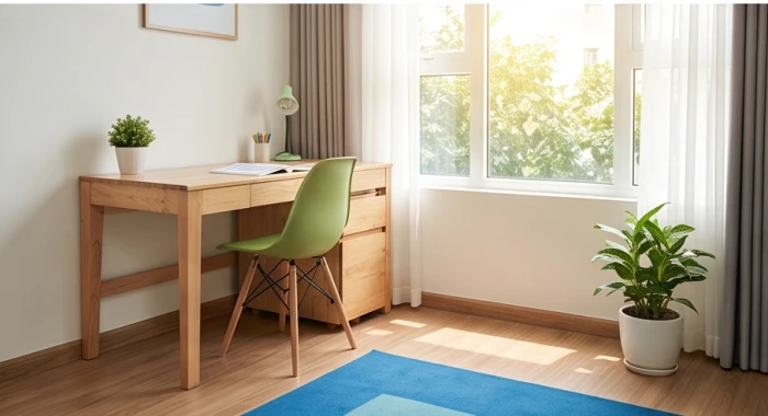 Góc học tập gọn gàng với bàn gỗ sáng cùng ghế ngồi màu xanh lục tạo không gian thư thái cho bé Mậu Tuất