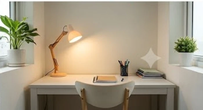 Bàn học ngăn nắp quay mặt vào bức tường trống cùng ánh sáng đèn vàng dịu nhẹ để hỗ trợ tối đa sự tập trung