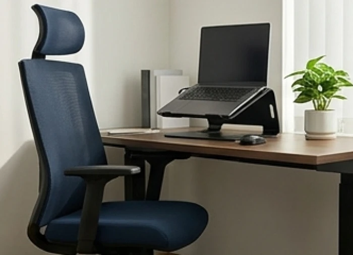 Bàn học tập gọn gàng được trang bị ghế ngồi màu xanh dương đậm và giá đỡ laptop màu đen dành riêng cho mệnh Mộc