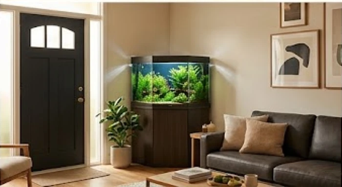 Bể cá cảnh thanh lịch được đặt vững chãi tại góc chéo góc 45 độ so với cửa chính của phòng khách hiện đại