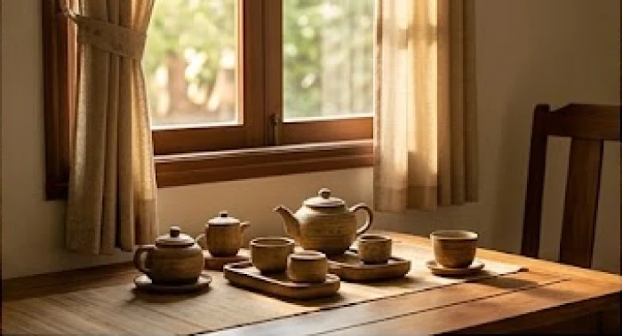Góc uống trà yên tĩnh với bộ ấm chén bằng gốm sứ mộc mạc bên khung cửa sổ tràn ngập ánh sáng