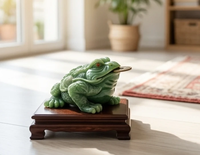 Tượng cóc ba chân Thiềm Thừ bằng ngọc đặt trên bệ gỗ ở góc phòng chéo với cửa chính ngụ ý giữ của