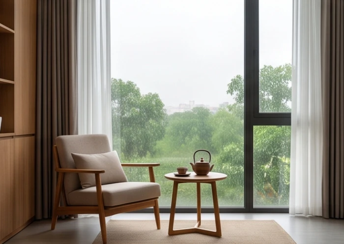 Bộ bàn ghế uống trà nhỏ gọn đặt cạnh cửa sổ đầy ánh sáng trong không gian nghỉ ngơi thư giãn