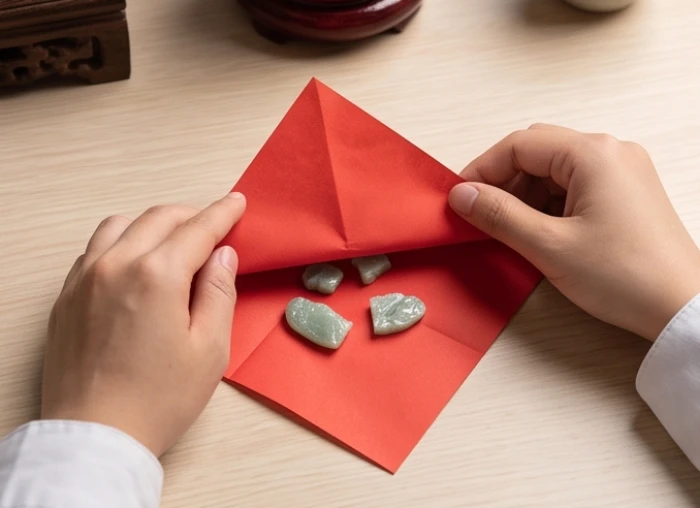 Cẩn thận bọc các mảnh vỡ mặt phật bản mệnh vào giấy đỏ trang trọng trước khi gửi lên chùa