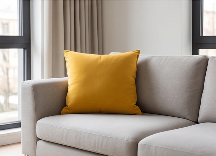 Chiếc gối tựa màu vàng mù tạt được đặt ngay ngắn trên ghế sofa văng tạo điểm nhấn ấm áp