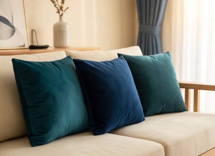 Những chiếc gối tựa nhung màu xanh ngọc và xanh dương sẫm đặt trên chiếc ghế sofa màu kem trang nhã