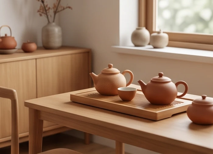 Góc trà đạo với bàn gỗ màu nâu nhạt và bộ ấm chén gốm sứ tự nhiên giúp cân bằng trường khí cho người mệnh Kim