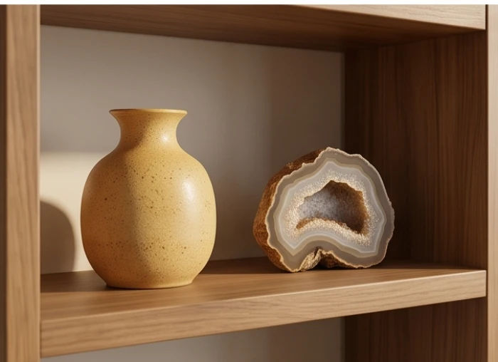 Bình gốm sứ màu vàng cát mang năng lượng thổ sinh kim đặt trong phòng khách nhằm hóa giải màu kỵ hành hỏa