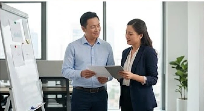 Đồng nghiệp nam tuổi Mão cởi mở tiếp thu ý kiến điều chỉnh kế hoạch trong cuộc họp nhóm nhỏ tại văn phòng