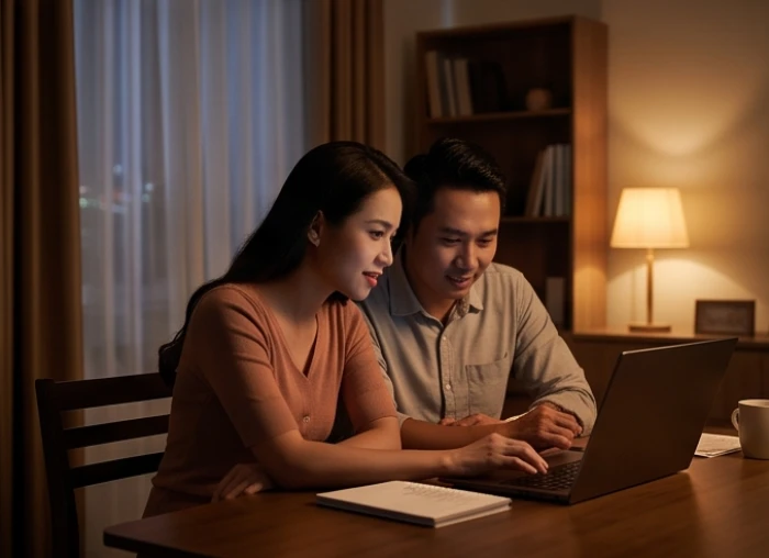 Cặp đôi đang ngồi thảo luận nghiêm túc nhưng nhẹ nhàng trong không gian phòng làm việc riêng tư tại nhà