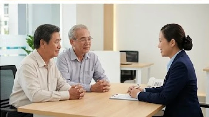 Người cao tuổi được nhân viên tư vấn ngân hàng hỗ trợ lập sổ tiết kiệm an toàn cho tuổi hưu trí