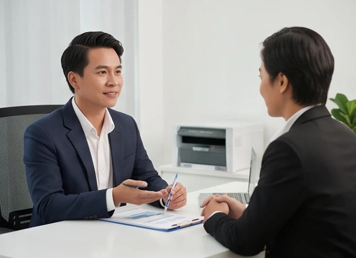 Khách hàng tuổi Canh Ngọ làm thủ tục gửi tiết kiệm định kỳ tại quầy giao dịch ngân hàng trang nhã