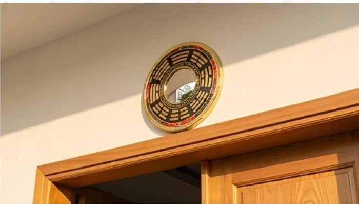 Gương Bát quái lồi treo chuẩn xác ở mép trên khung cửa chính cản sát khí hướng xấu cho nhà Quý Mão 1963