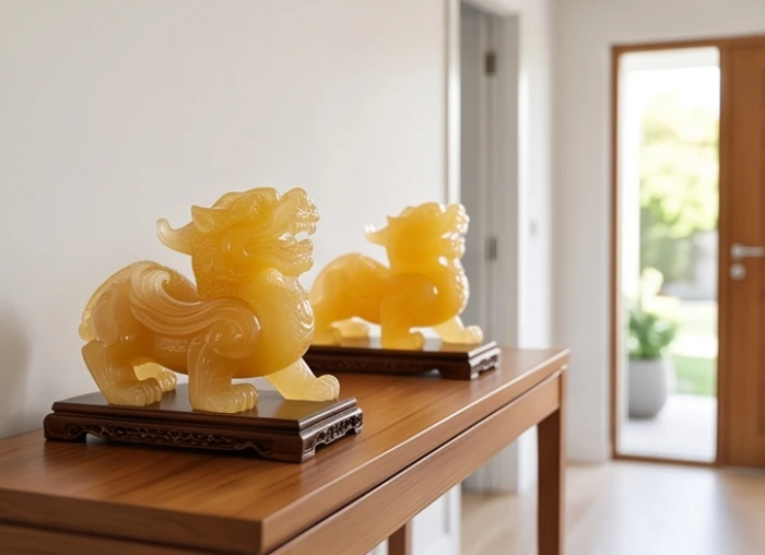 Cặp tượng Tỳ Hưu đá thạch anh vàng đặt tại phòng khách hướng ra cửa chính giúp phân tán sát khí và giữ bình an