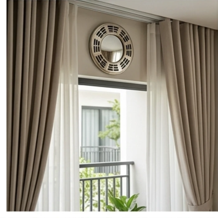 Gương bát quái lồi treo trước cửa ban công kết hợp rèm cửa hai lớp hóa giải hướng Ngũ Quỷ