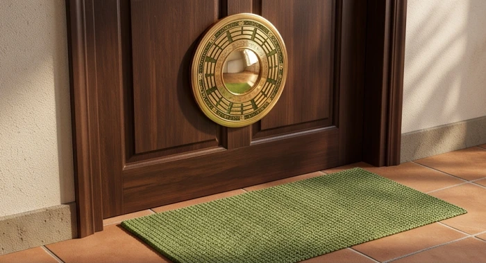 Gương bát quái lồi treo phía trên cửa gỗ và thảm trải sàn màu xanh lục trước lối vào nhà