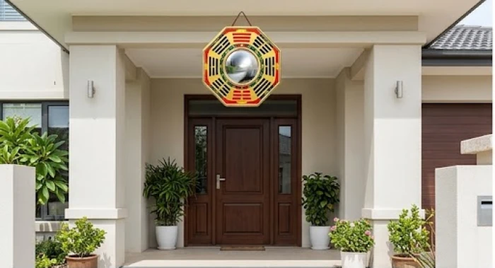 Gương bát quái lồi treo trước cửa chính nhằm bảo vệ trường khí cho toàn bộ ngôi nhà