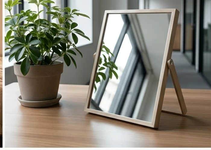 Gương soi nhỏ để bàn chếch bốn lăm độ giúp quan sát hành lang phía sau lưng