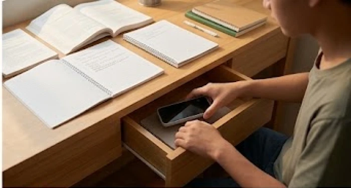 Học sinh nam cất điện thoại di động vào ngăn kéo bàn để tập trung làm bài tập ôn thi