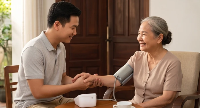 Con cháu ân cần xoa bóp tay chân và chăm sóc sức khỏe xương khớp cho cụ bà Nhâm Ngọ 86 tuổi trong phòng ngủ