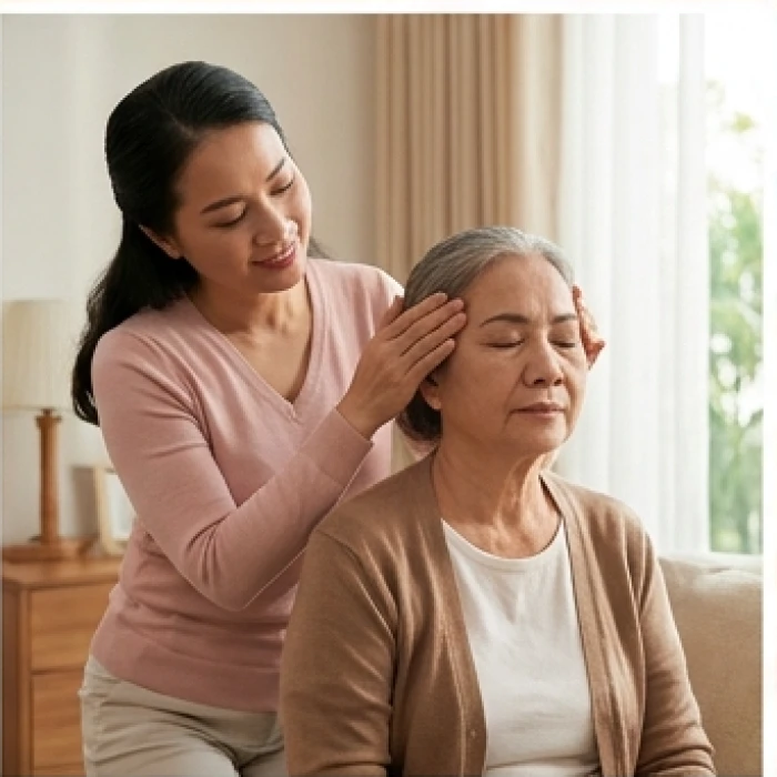 Cụ bà được con gái xoa bóp nhẹ nhàng hai bên thái dương, giúp tăng cường lưu thông máu huyết và giảm cơn đau chóng mặt