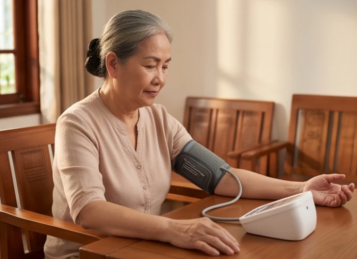 Cụ bà tuổi Canh Dần ngồi thư thái trên ghế gỗ đo huyết áp định kỳ để kiểm soát chỉ số tim mạch