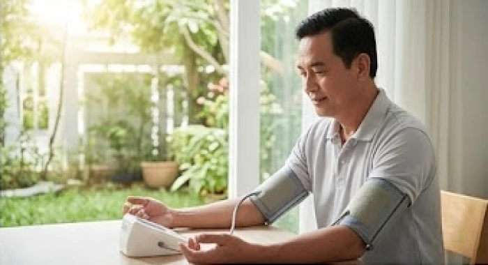 Người đàn ông tuổi Giáp Tý đo kiểm tra huyết áp định kỳ tại nhà để phòng tránh rủi ro từ hạn Diêm Vương