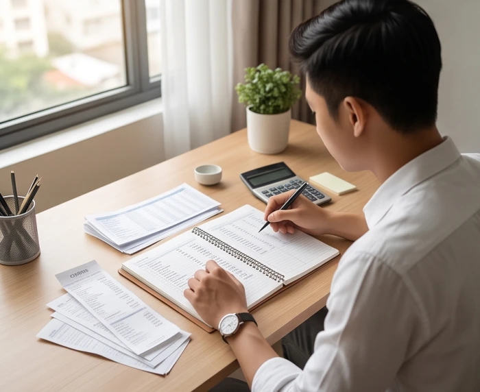 Người nam tuổi Canh Thìn cẩn trọng kiểm tra sổ sách quản lý tài chính và kế hoạch tiết kiệm