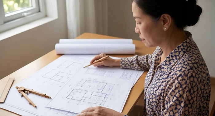 Gia chủ tuổi canh tuất thảo luận bản vẽ thiết kế xây dựng nhà ở với kiến trúc sư để chọn hướng cát lành