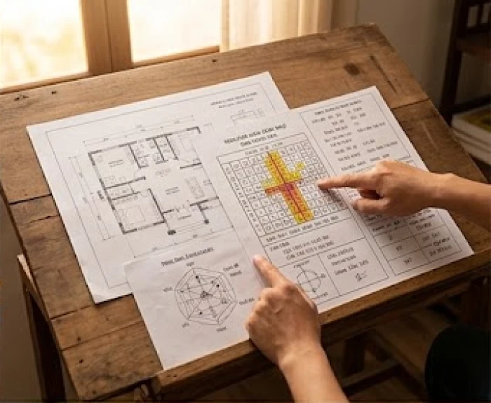 Sơ đồ tính toán hạn Hoang Ốc chỉ vào cung Ngũ Thọ Tử của gia chủ tuổi 50 trên sổ tay xây dựng nhà ở